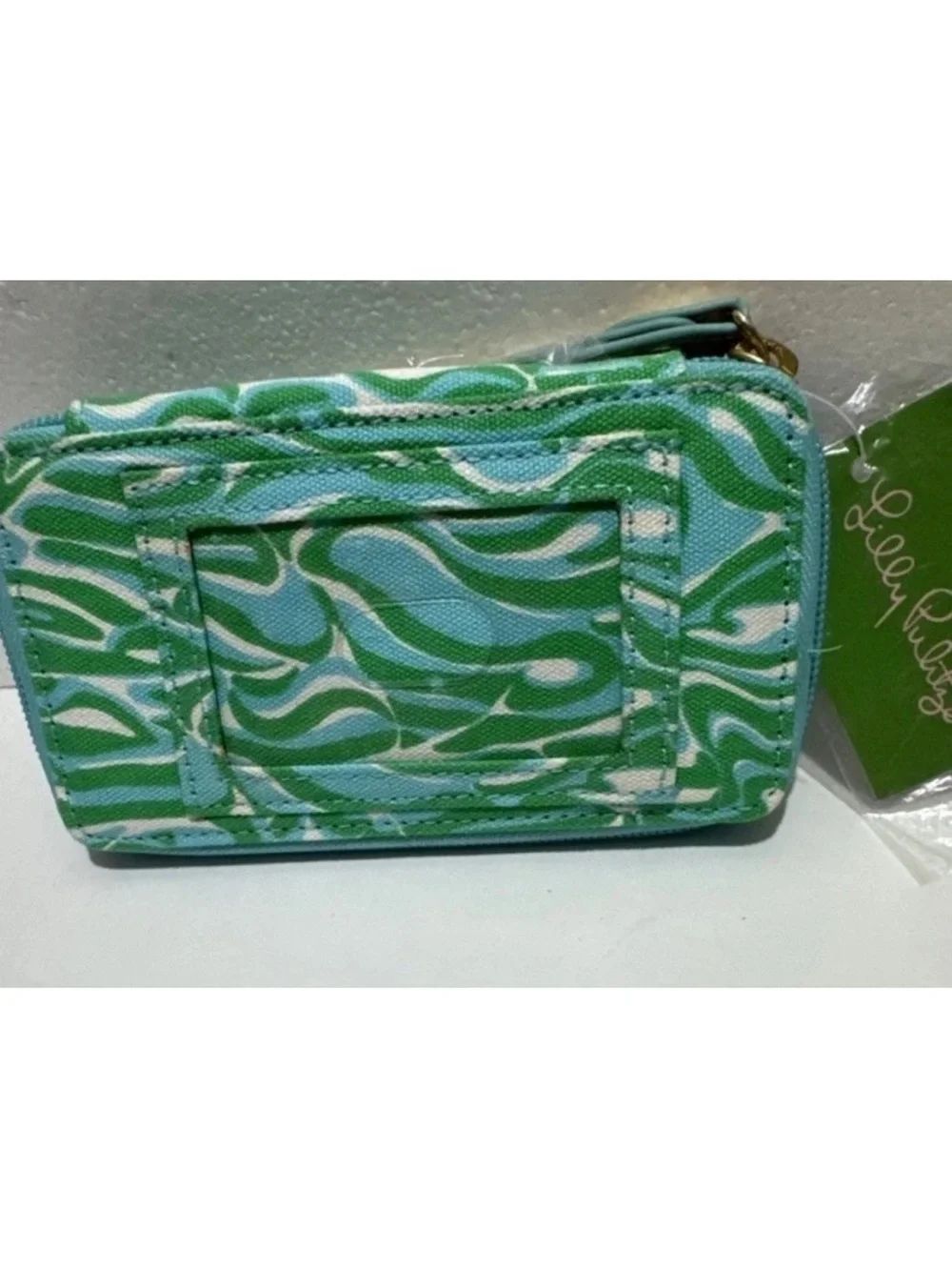 Lilly Pulitzer Wristlet Zip-Around Wallet Abstract Pattern Green Blue White Pink